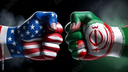 Usa and iran fists with flags on black background