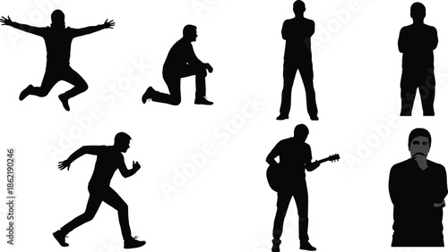 Human silhouette poses, expressive actions, body language icons, guitar player, jumping figure, thinking posture, black vector art, design elements