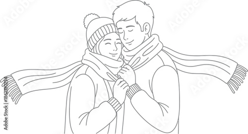 Happy couple embracing warmly while sharing a single long scarf and winter hat suggests deep affection and cozy moments during cold weather.