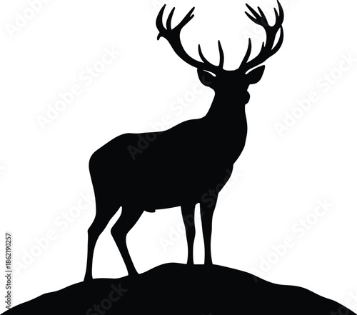 Deer silhouette, wildlife icon, antlered animal, nature symbol, forest creature, black vector art, hilltop pose, tranquil design element
