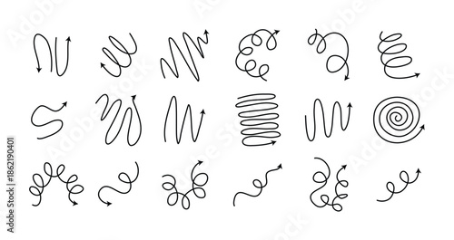 Spiral arrows Doodle set, hand drawn spring arrow coil icons flexible lines. Editable stroke