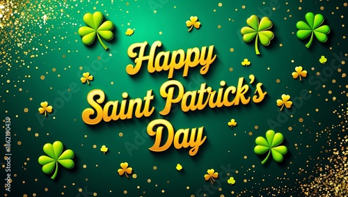 Happy saint patricks day with gold sparkles on green background