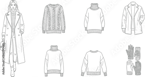 Collection of black and white fashion flat sketches featuring a stylish woman wearing a long coat with various cozy winter sweater and glove options