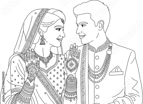 Line art illustration of a smiling Indian bride and groom dressed in traditional wedding attire ready for coloring activity or celebration design