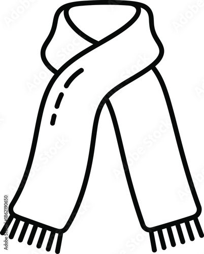Simple black line art illustration depicting a warmly knotted winter scarf or neck wrap accessory suitable for cold weather fashion design