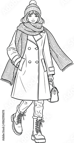 Fashionable young woman walking confidently dressed in warm winter attire including a long coat knit cap and stylish lace up boots
