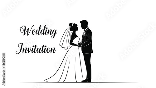 Elegant black and white wedding invitation graphic featuring a silhouette of a bride and groom holding hands suggesting romance and celebration