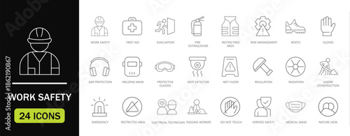 Work Safety Line Icon set. Features icons of first aid, hard hat, injury, insurance, job, labor, and Risk. Perfect for construction, industrial training, and HR manuals.