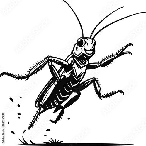 A grasshopper as a productivity mentor jumping forward, dynamic but simple pose, flat vector art, clean edges, limited colors, thick black outline, no lighting, no texture, white background
