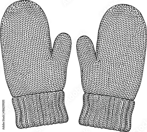 Detailed black and white line art illustration depicting a pair of warm knitted winter mittens featuring textured stitching and ribbed cuffs against a white background.