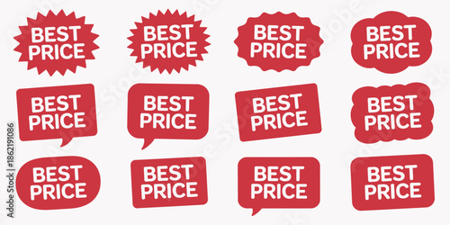 Twelve distinct red sale price tags and labels, each featuring Best Price in white text, retail promotion vector set, marketing and discount graphics for advertising, e-commerce, and store campaigns