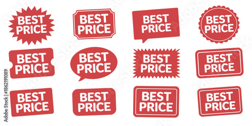 Set of twelve red sale and discount tags, Best Price text in white, retail and marketing labels, promotional vector illustrations for sales, shop signage, and advertising design 