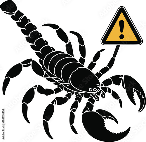 A scorpion as a risk assessment officer holding warning icon, tail simplified and safe pose, flat vector illustration, solid colors only, bold black outline, no gradient, no shadow, illustrator svg st