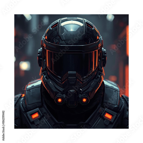 Futuristic soldier wearing sleek black helmet with glowing red lights