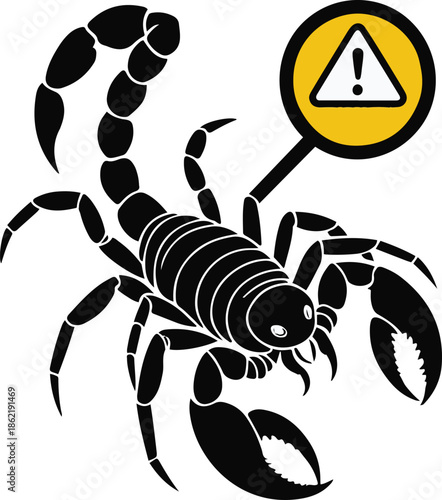 A scorpion as a risk assessment officer holding warning icon, tail simplified and safe pose, flat vector illustration, solid colors only, bold black outline, no gradient, no shadow, illustrator svg st