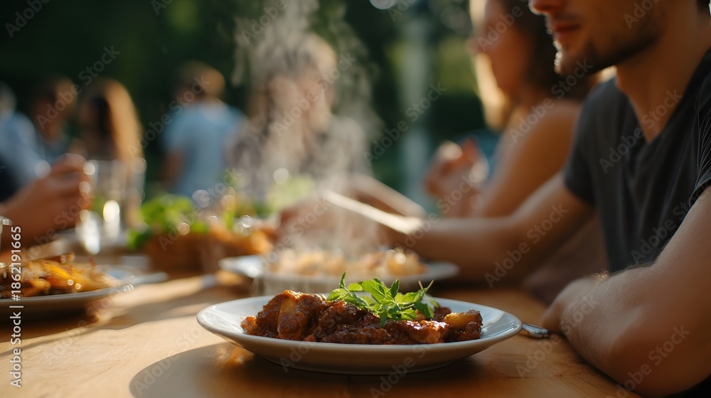 Naklejka premium A group of people enjoying a steaming delicious meal at an outdoor table on a sunny afternoon
