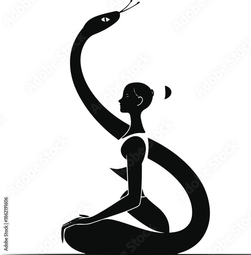 A snake as a wellness posture instructor demonstrating balance, smooth curved body simplified, flat vector illustration, clean shape separation, limited color palette, bold outline, no gradient, no sh