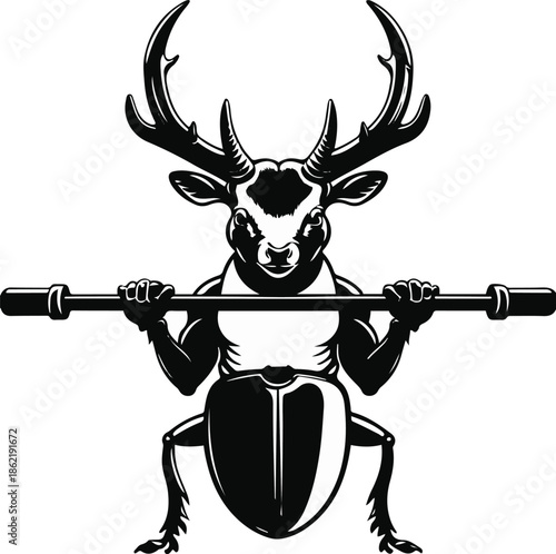 A stag beetle as a strength training demonstrator lifting simple bar, symmetrical horns simplified, flat vector art, minimal detail, solid flat colors, thick black outline, no lighting, no texture, wh