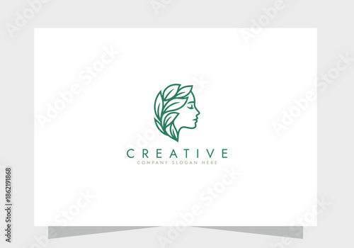 Organic Beauty Line Art Logo with Woman and Leaves, beauty logo, Skincare icon vector design