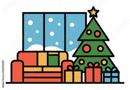 Cozy living room setting showing a decorated Christmas tree beside.