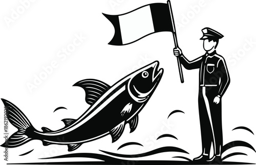 A swordfish as a competitive race referee holding a flag, streamlined shape simplified, flat vector art, clean shape separation, limited color palette, thick black outline, no texture, no lighting, wh