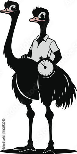 An ostrich as a speed training coach holding a stopwatch, tall simplified silhouette, flat vector art, solid flat colors, thick black outline, no texture, no lighting, clean sticker design, white back