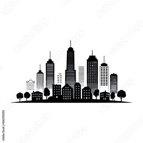 A silhouette of a modern city skyline with trees and buildings.