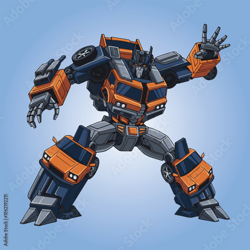 transformer robot with smiling face, extendable arms, and car mode hints, ideal for children's animations, toy packaging, and educational media.