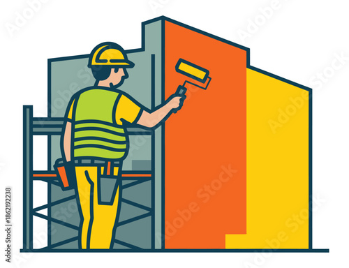 Construction worker paints exterior wall with roller while standing on.