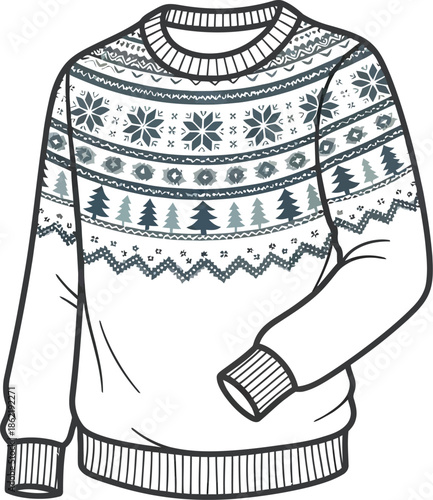 Detailed illustration of a classic white winter sweater featuring traditional nordic fair isle patterns with snowflakes and evergreen trees across the yoke area