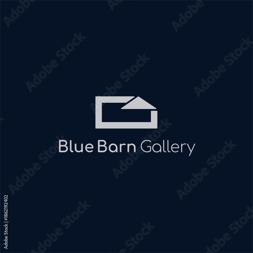 Minimalist architectural logo for "Blue Barn Gallery" featuring a stylized geometric barn or house icon with a gabled roof on a dark navy blue background.