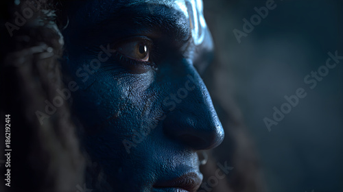 Close-up of indian man with blue painted face and ash white mark on forehead, depicting Shiva, for Maha Shivaratri religious holiday.