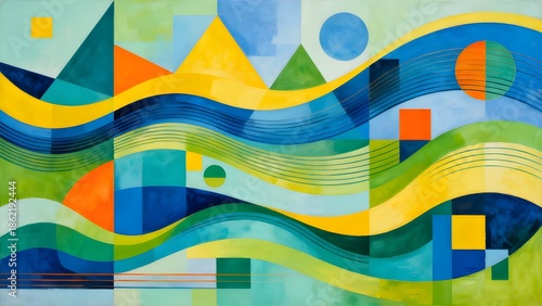Vibrant abstract art with wavy lines and geometric shapes