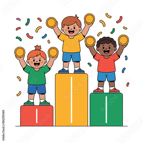 Children celebrating victory with medals on a winner's podium with confetti