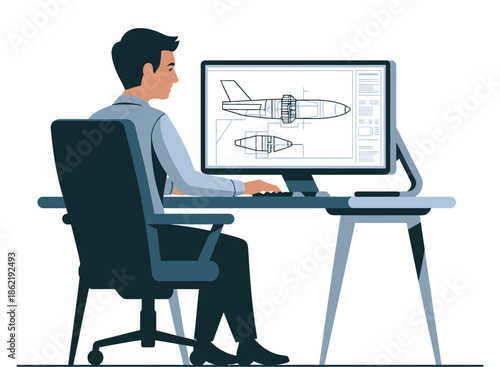 Engineer reviews jet schematic design on a desktop computer monitor.