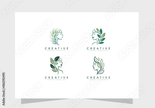 Organic Beauty Line Art Logo set with Woman and Leaves, beauty logo, Skincare icon vector design