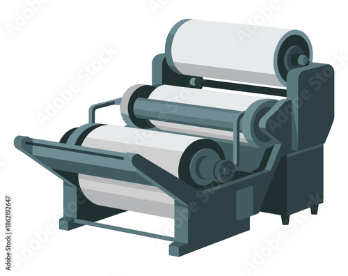Industrial printing press machine operates with large rolls of white.