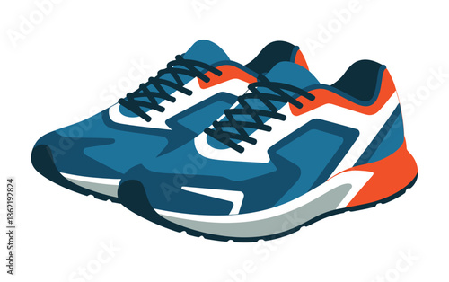 Pair of blue and orange athletic running shoes rests on a white.