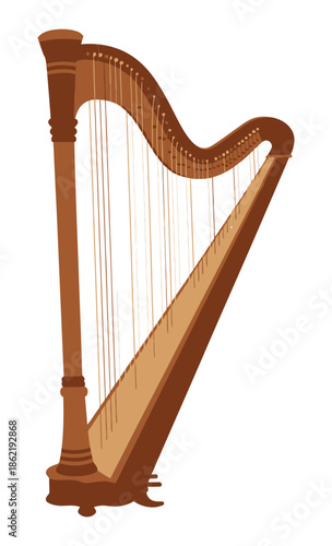 Wooden orchestral harp stands ready to create beautiful melodic musical.