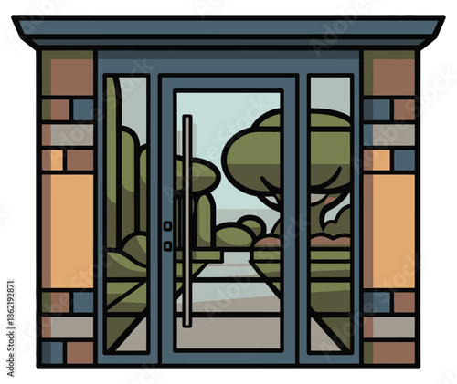 Modern entrance door framed by stylized brickwork looks out onto nature.