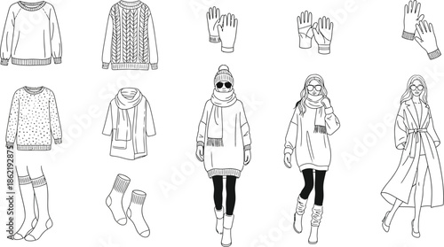 Collection of various winter clothing items and stylish female outfits illustrated as black and white fashion line art sketches for design.