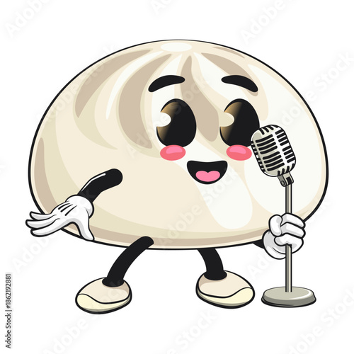 cute steamed bun bao mascot cartoon character illustration isolated on front of the mic, work of hand drawn