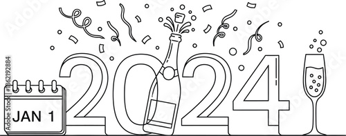 Celebration design featuring the year two thousand twenty-four marked on january first with a popping champagne bottle and effervescent flute glass