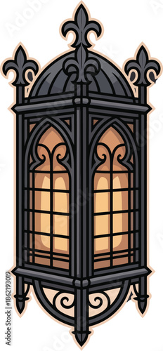Vintage Black Wrought Iron Lantern with Warm Golden Glow Vector Graphic Illustration for Decorative Purposes