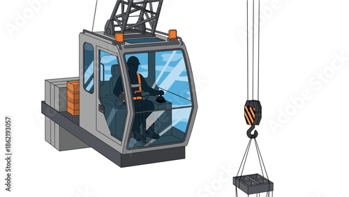 Crane operator working on construction site with hook and load