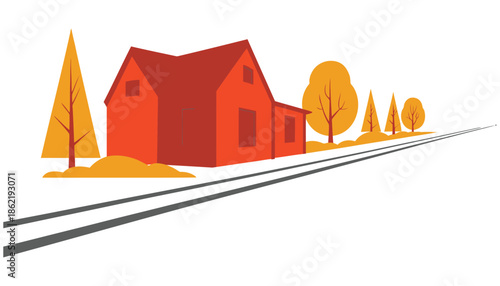 Red farmhouse sits beside converging railroad tracks stretching toward.