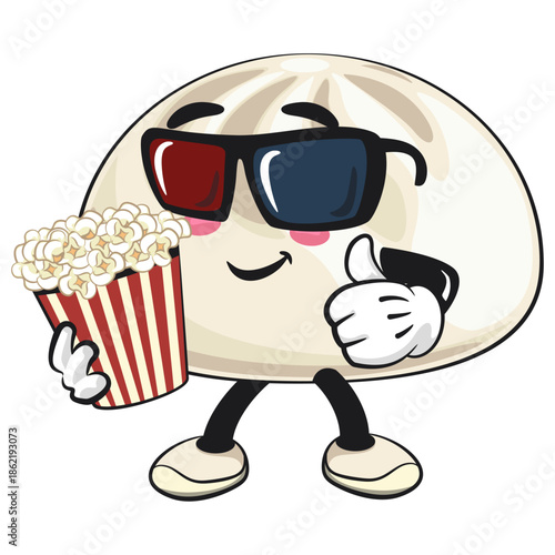 cute steamed bun bao mascot cartoon character illustration isolated with a bucket of popcorn with wearing 3d glasses, work of hand drawn