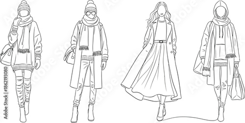 Set of four stylish female fashion illustrations depicting women wearing various fashionable layered winter clothing outfits including coats hats and scarves