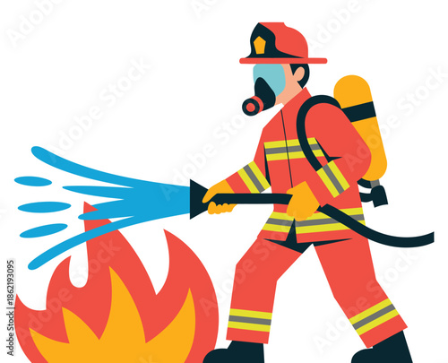 Firefighter sprays water from hose onto large burning flames in.