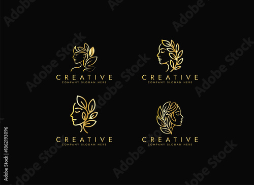Organic Beauty Line Art Logo set with Woman and Leaves, beauty logo, Skincare icon vector design
